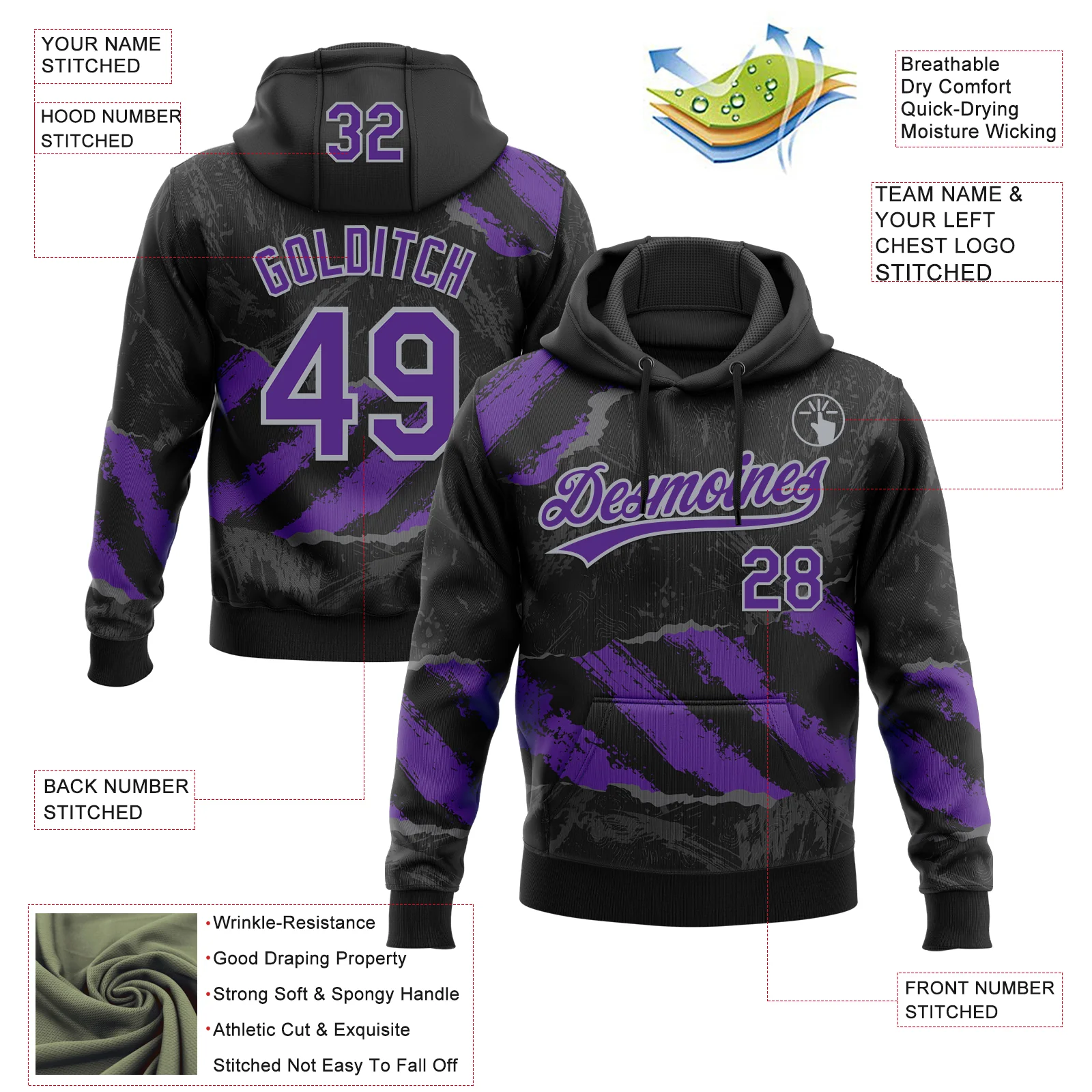 Custom Stitched Black Purple Gray-Steel Gray 3D Pattern Design Splash Sports Pullover Sweatshirt Hoodie