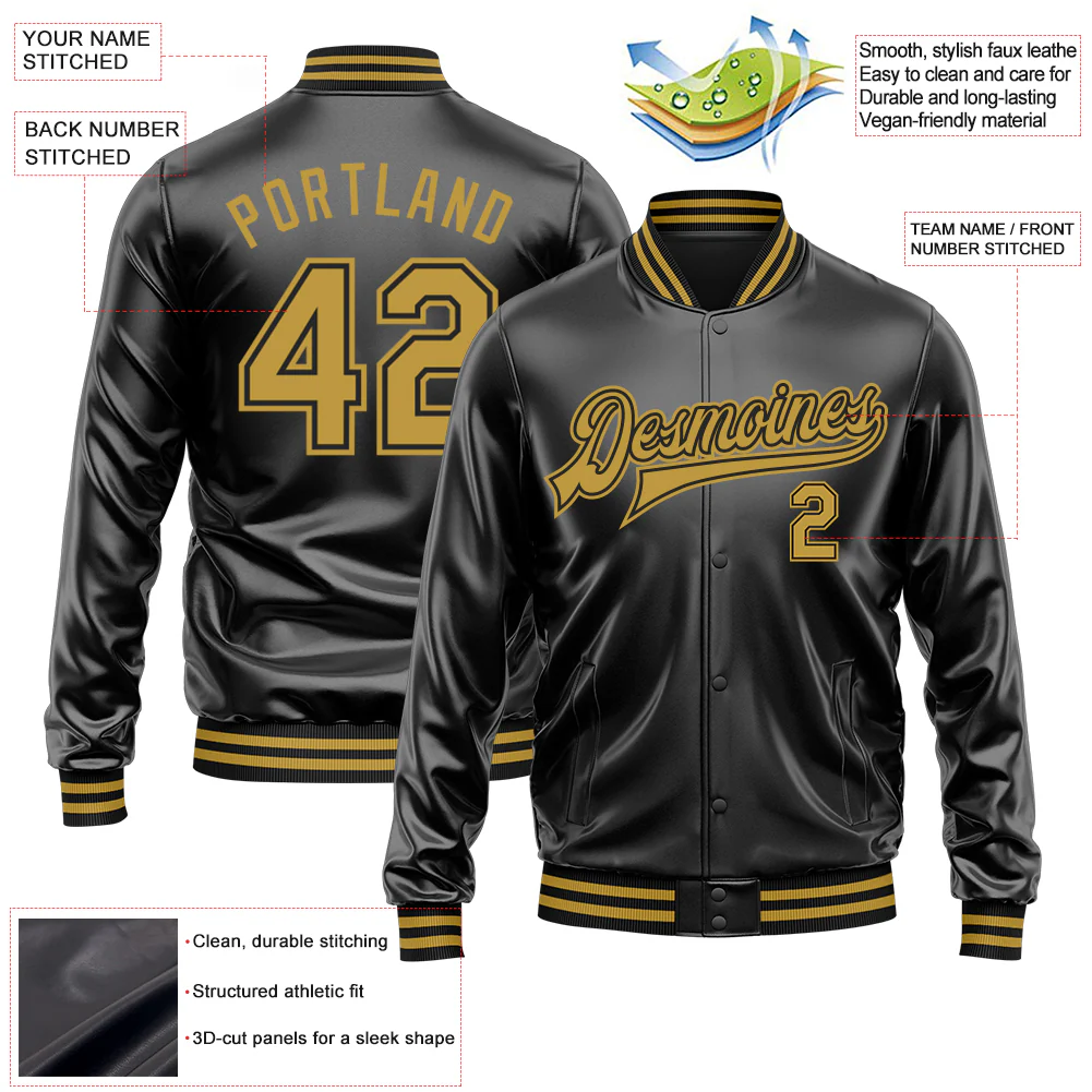 Custom Black Old Gold-Black Bomber Full-Snap Varsity Faux Leather Letterman Jacket