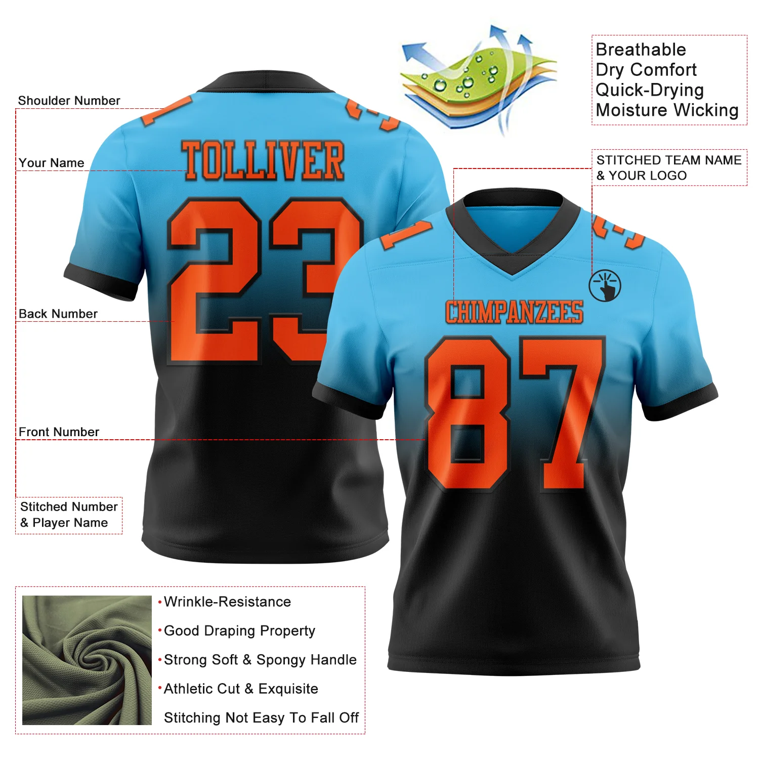 Custom Sky Blue Orange-Black Authentic Fade Fashion Football Jersey