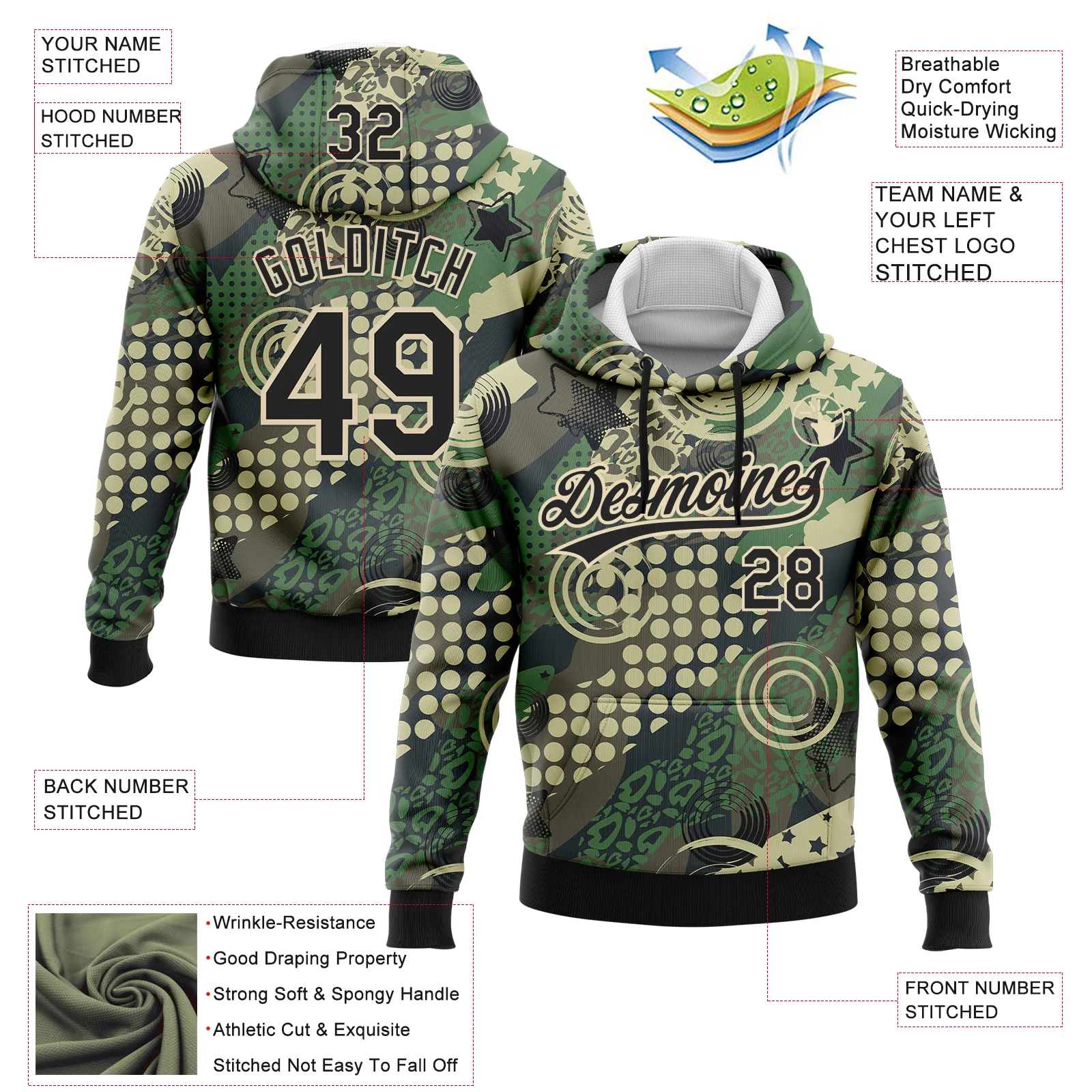 Custom Stitched Camo Black-Cream 3D Dots And Geometric Figures Sports Pullover Sweatshirt Salute To Service Hoodie