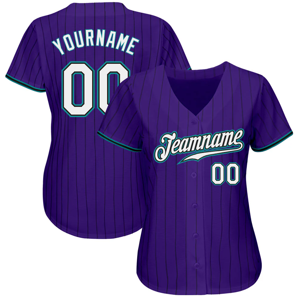 Custom Purple Black Pinstripe White-Teal  Authentic Baseball Jersey
