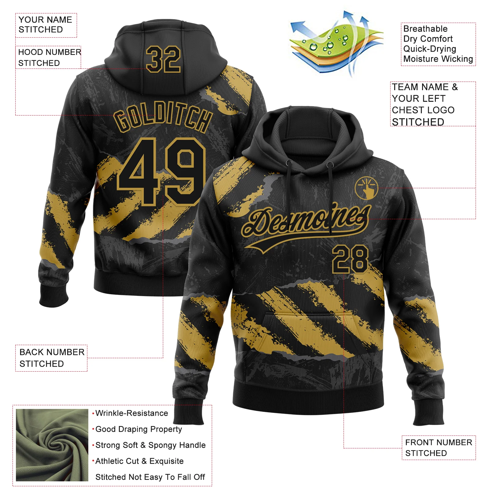 Custom Stitched Black Old Gold-Steel Gray 3D Pattern Design Splash Sports Pullover Sweatshirt Hoodie