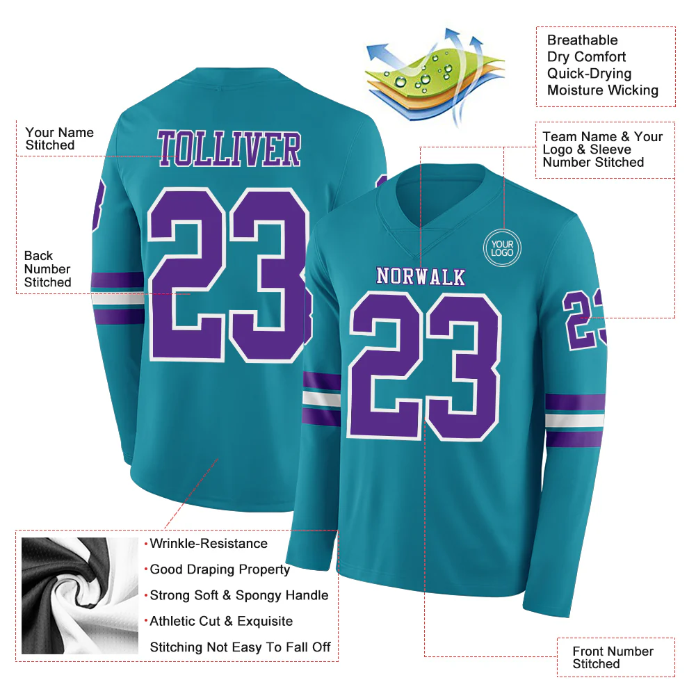 Custom Teal Purple-White Long Sleeve Authentic Football Jersey