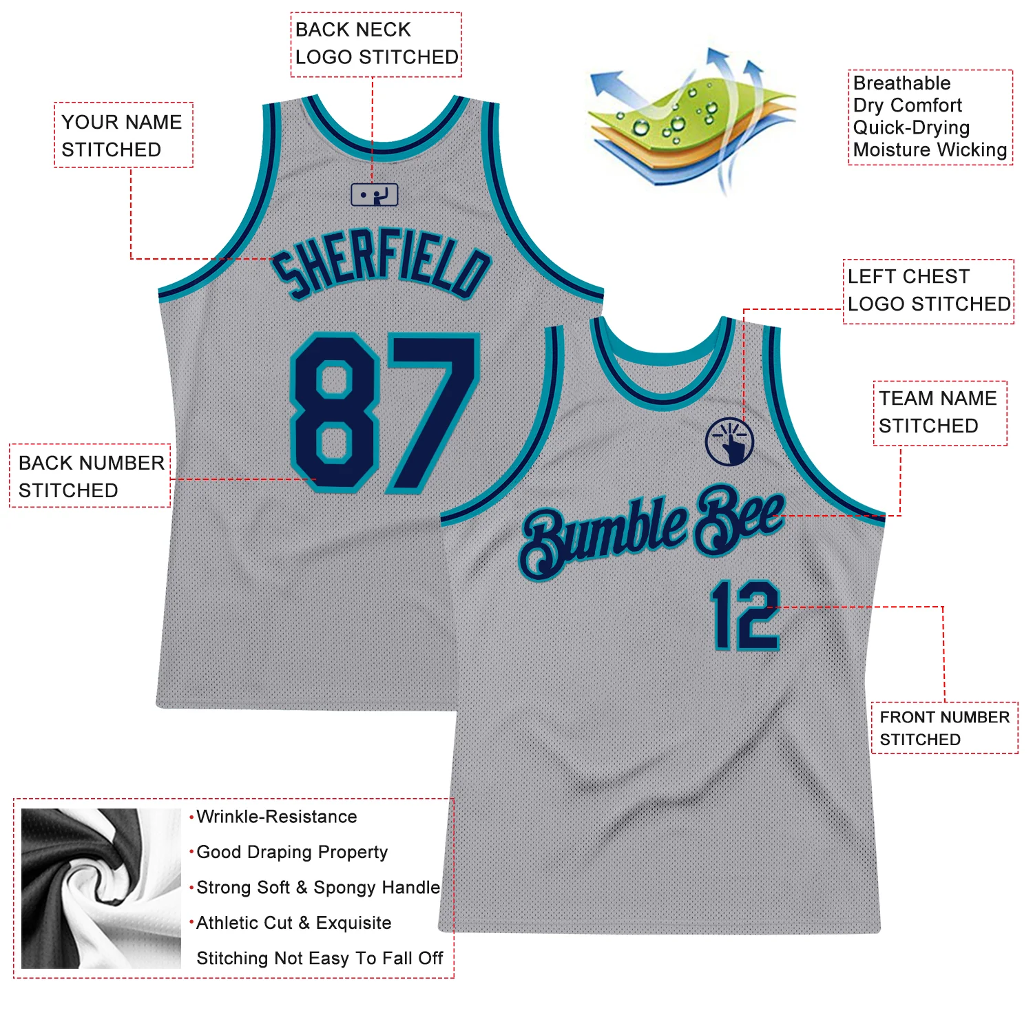 Custom Gray Navy-Teal Authentic Throwback Basketball Jersey