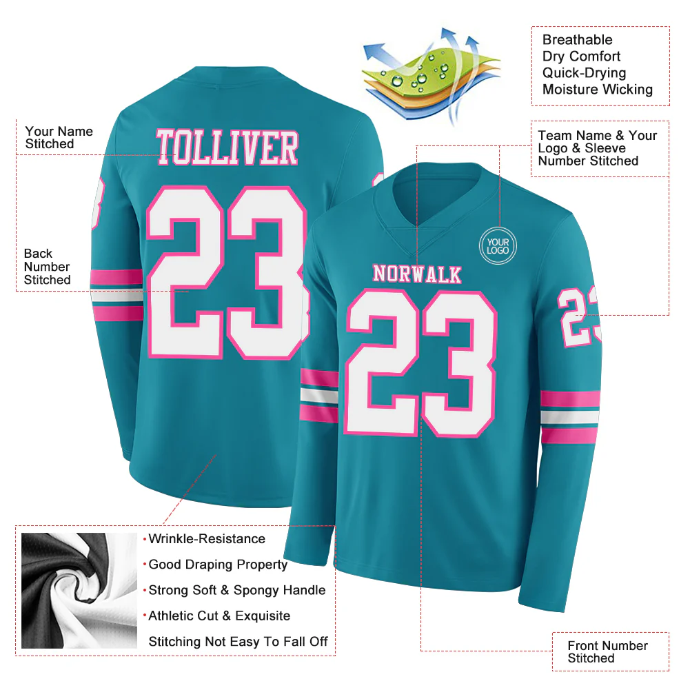 Custom Teal White-Pink Long Sleeve Authentic Football Jersey