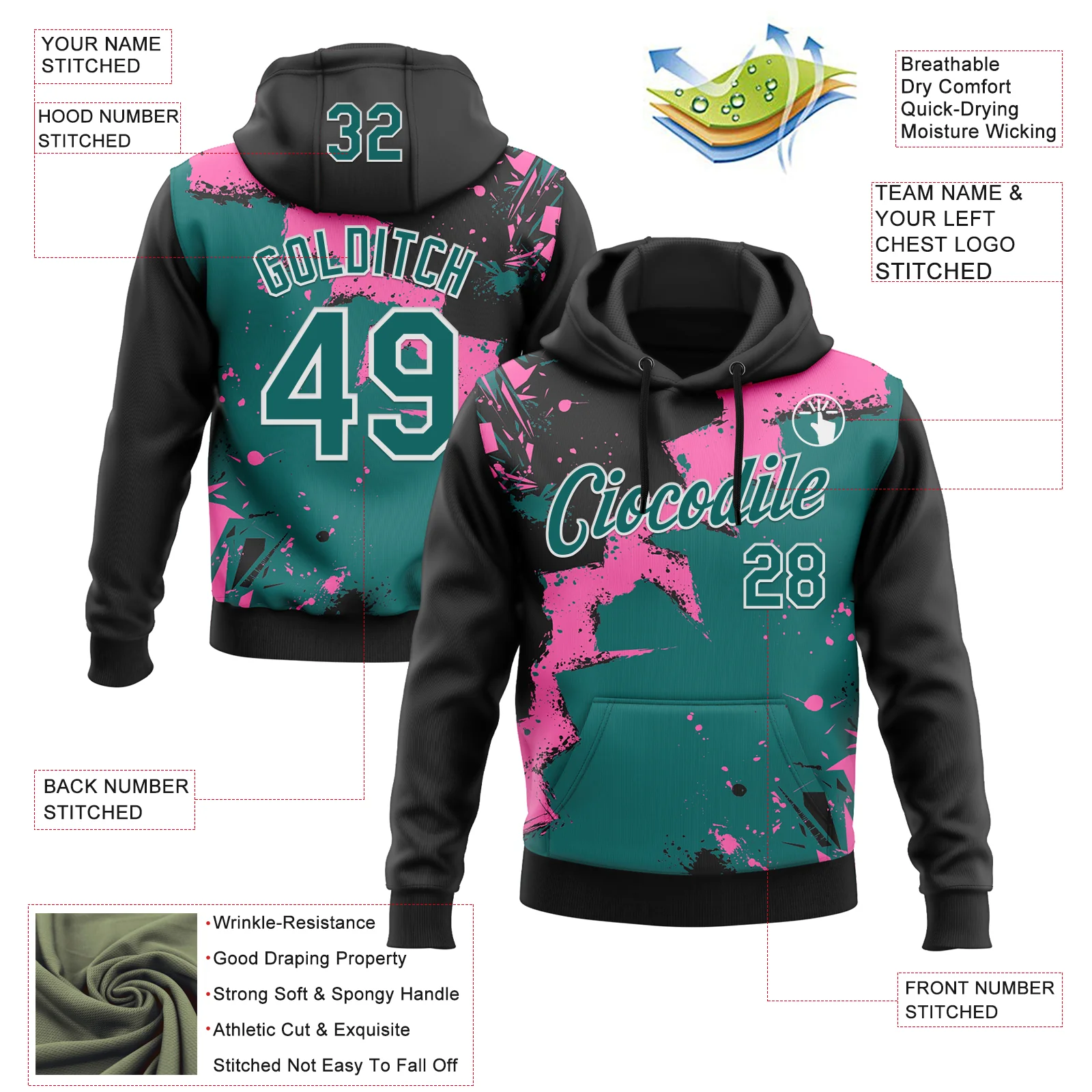Custom Stitched Black Teal Pink-White 3D Pattern Design Splash Torn Paper Style Sports Pullover Sweatshirt Hoodie