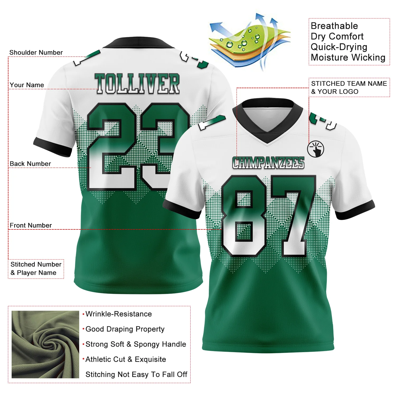 Custom White Kelly Green-Black Authentic Gradient Square Shape Flag Football Jersey