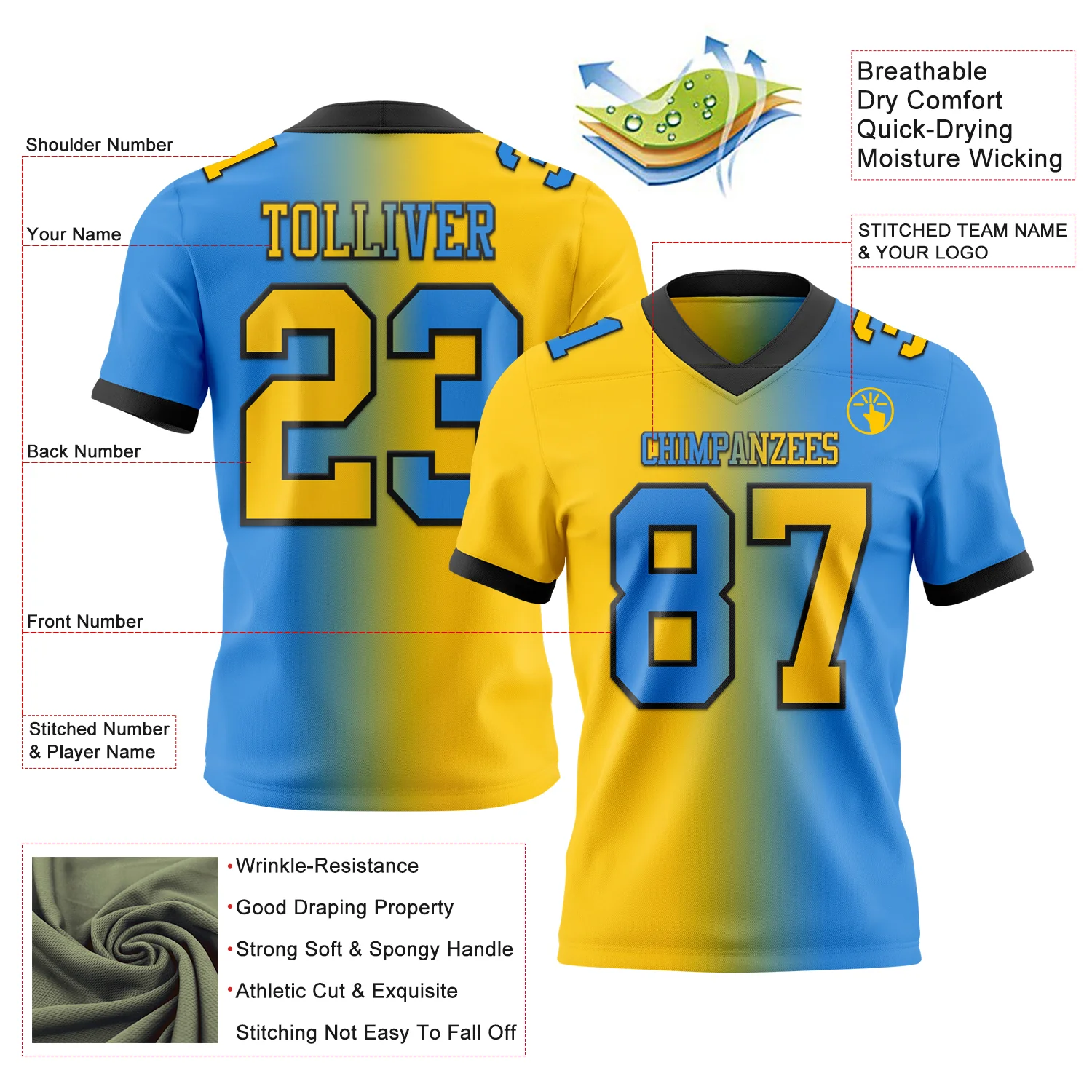 Custom Powder Blue Yellow-Black Authentic Gradient Fashion Football Jersey