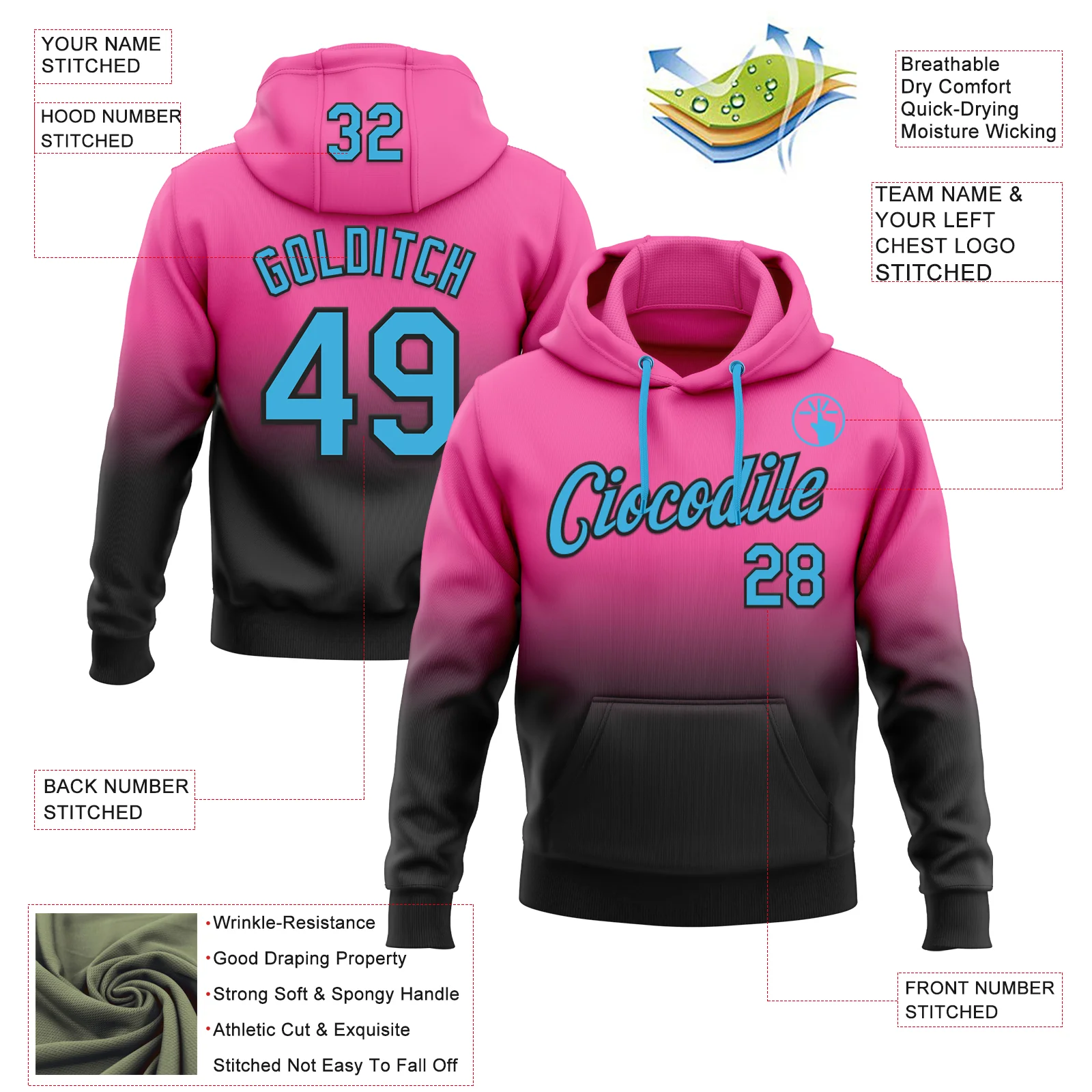 Custom Stitched Pink Sky Blue-Black Fade Fashion Sports Pullover Sweatshirt Hoodie