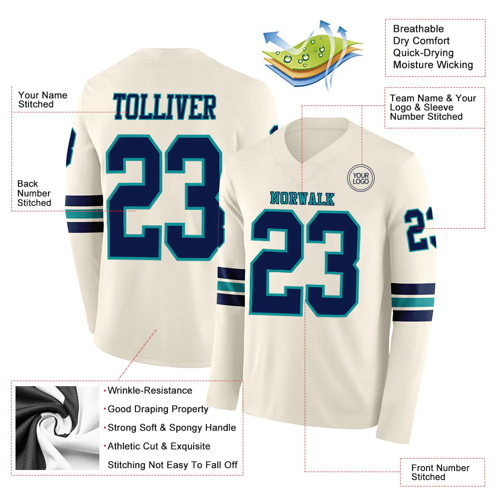 Custom Cream Navy-Teal Long Sleeve Authentic Football Jersey