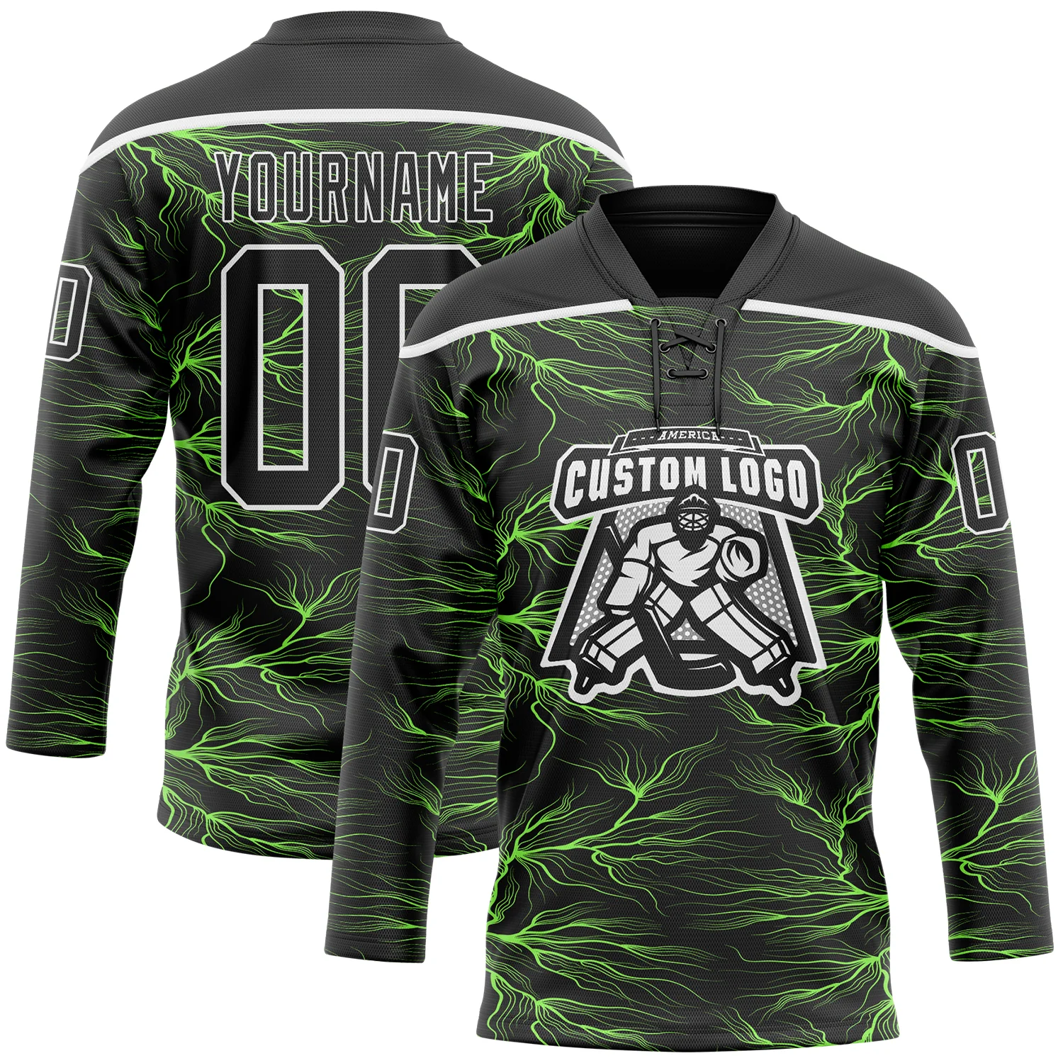 Custom Black Green-White 3D Pattern Lightning Hockey Lace Neck Jersey
