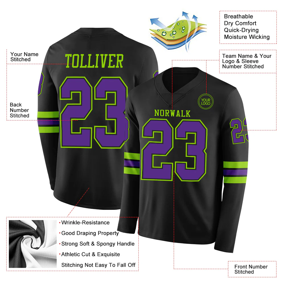 Custom Black Purple-Neon Green Long Sleeve Authentic Football Jersey