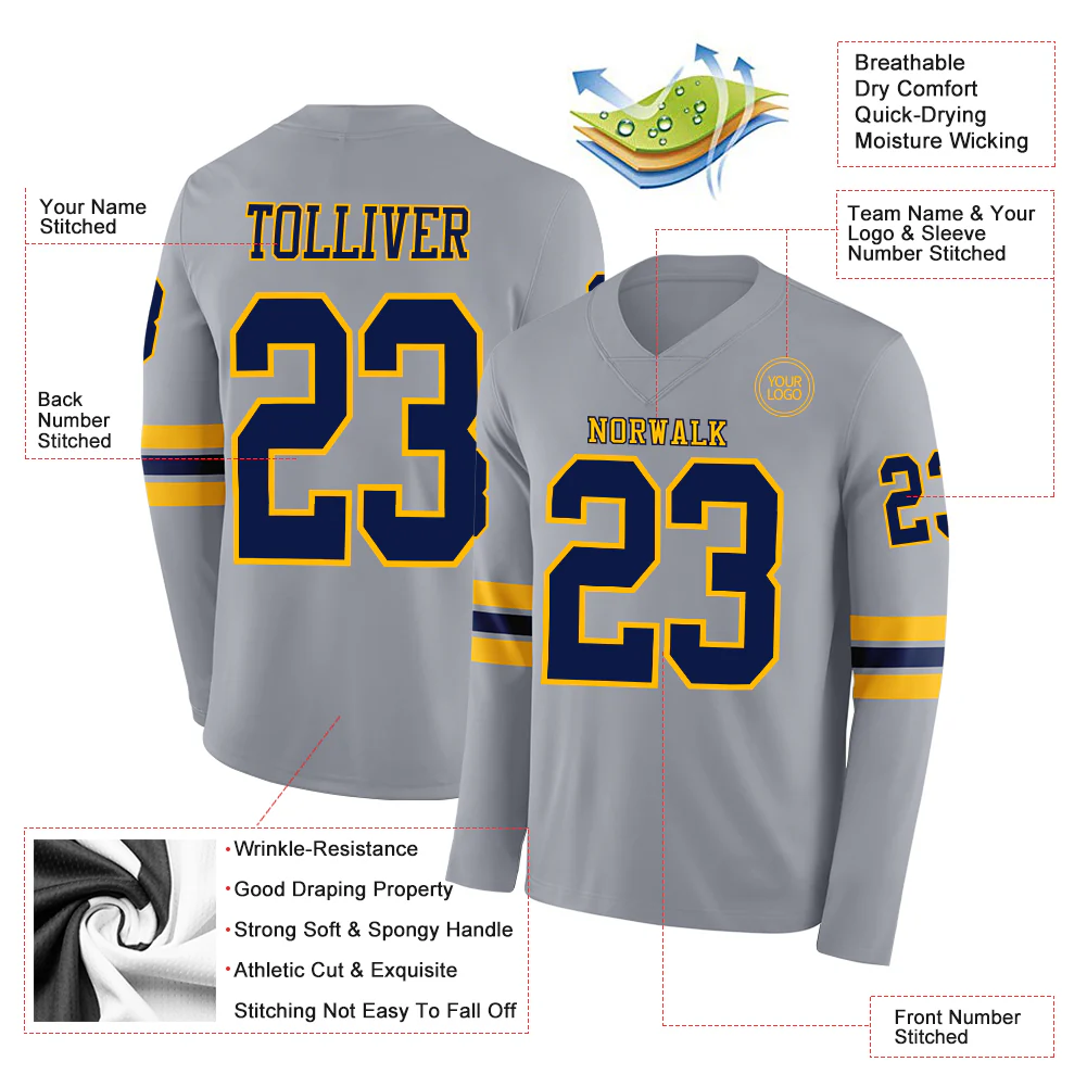 Custom Gray Navy-Gold Long Sleeve Authentic Football Jersey
