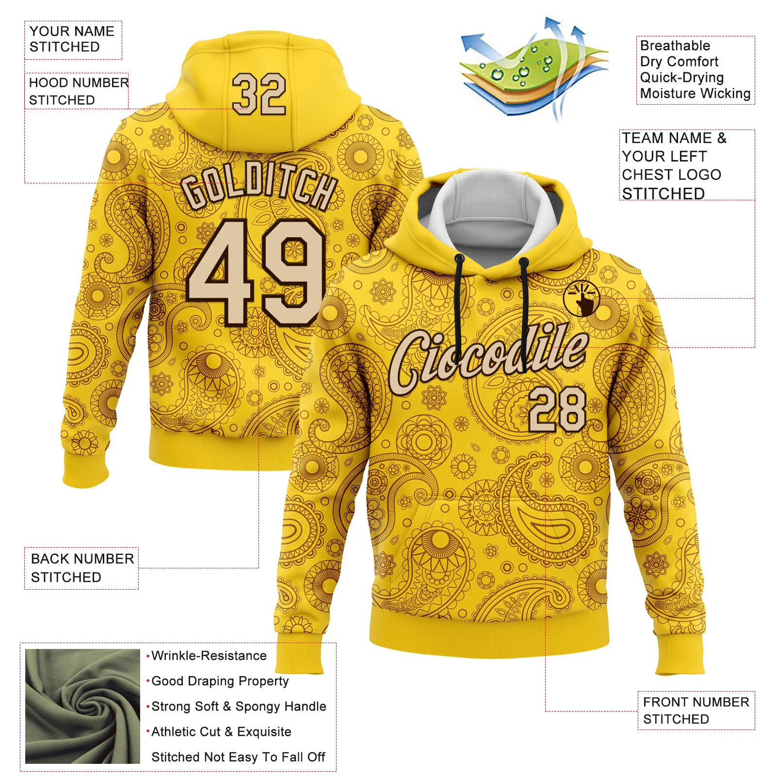 Custom Stitched Yellow City Cream-Brown 3D Pattern Design Ethnic Paisley Floral Bandana Sports Pullover Sweatshirt Hoodie