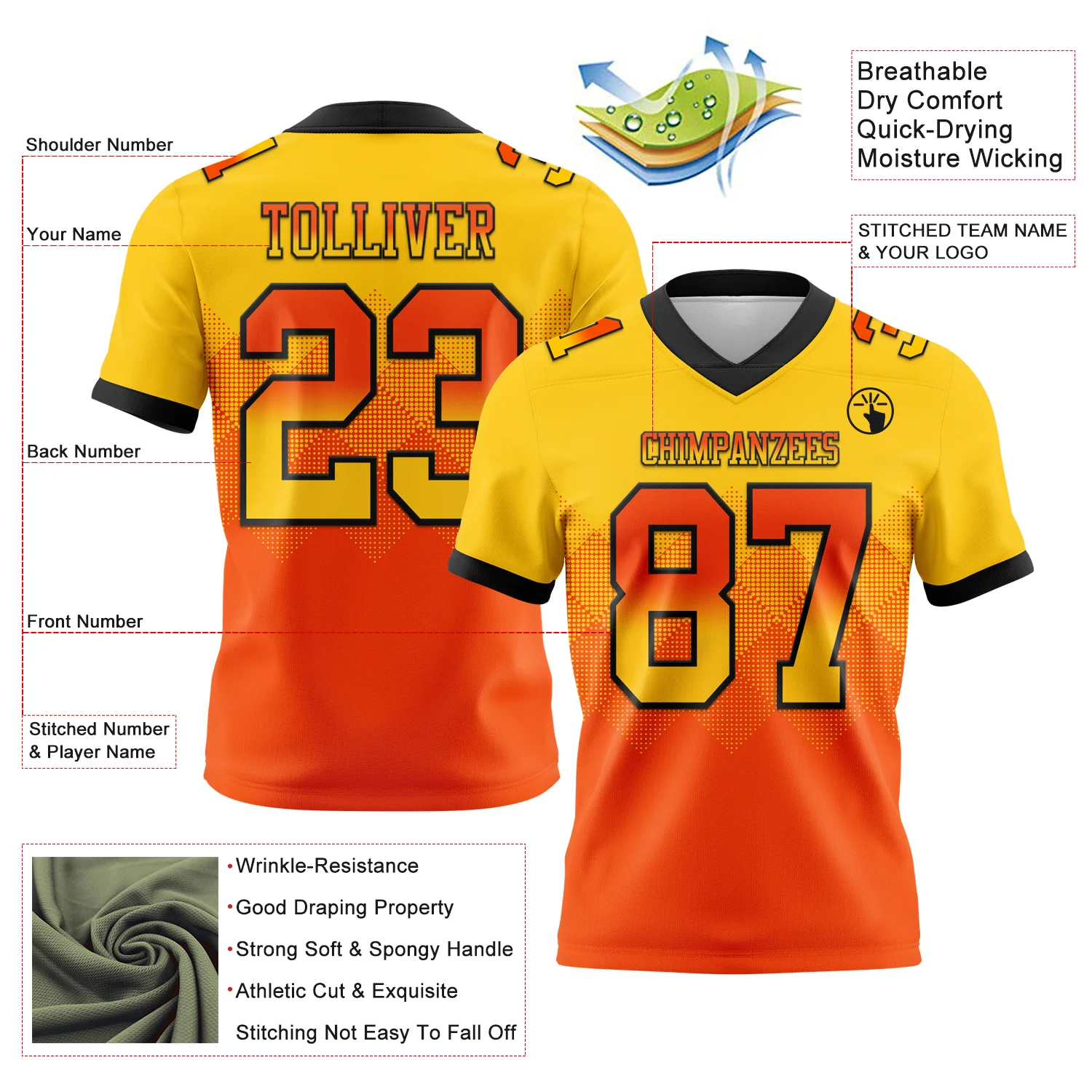 Custom Yellow Orange-Black Authentic Gradient Square Shape Flag Football Jersey