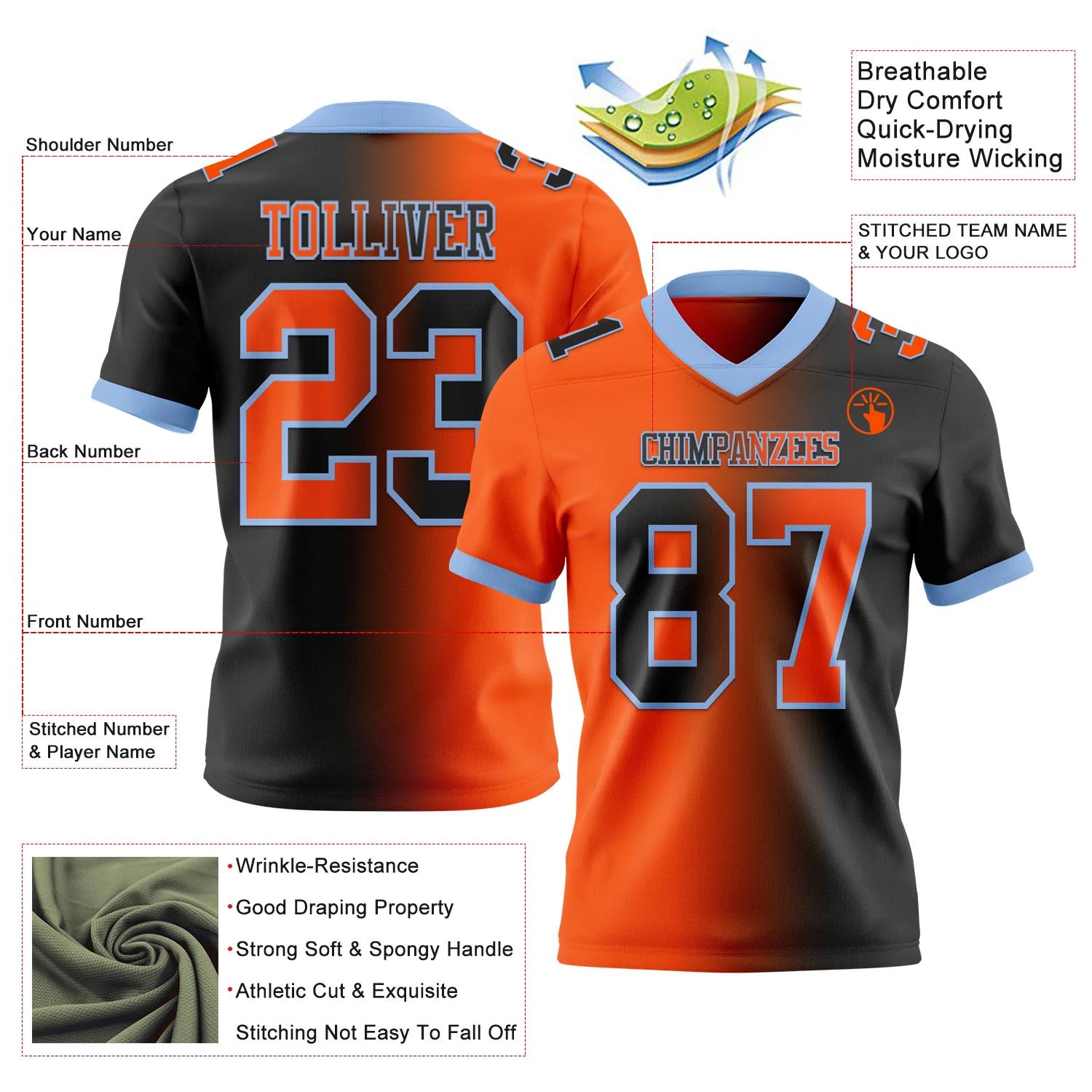Custom Black Orange-Light Blue Authentic Gradient Fashion Football Jersey