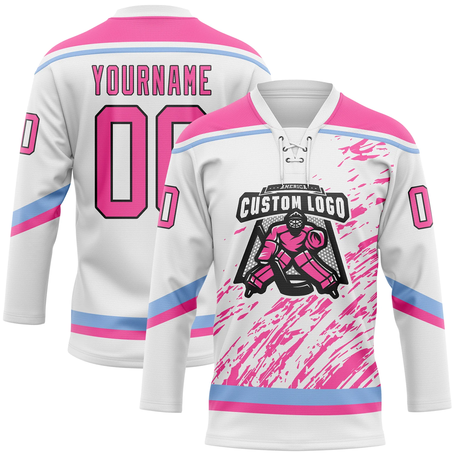 Custom White Pink Light Blue-Black 3D Splash Art Hockey Lace Neck Jersey