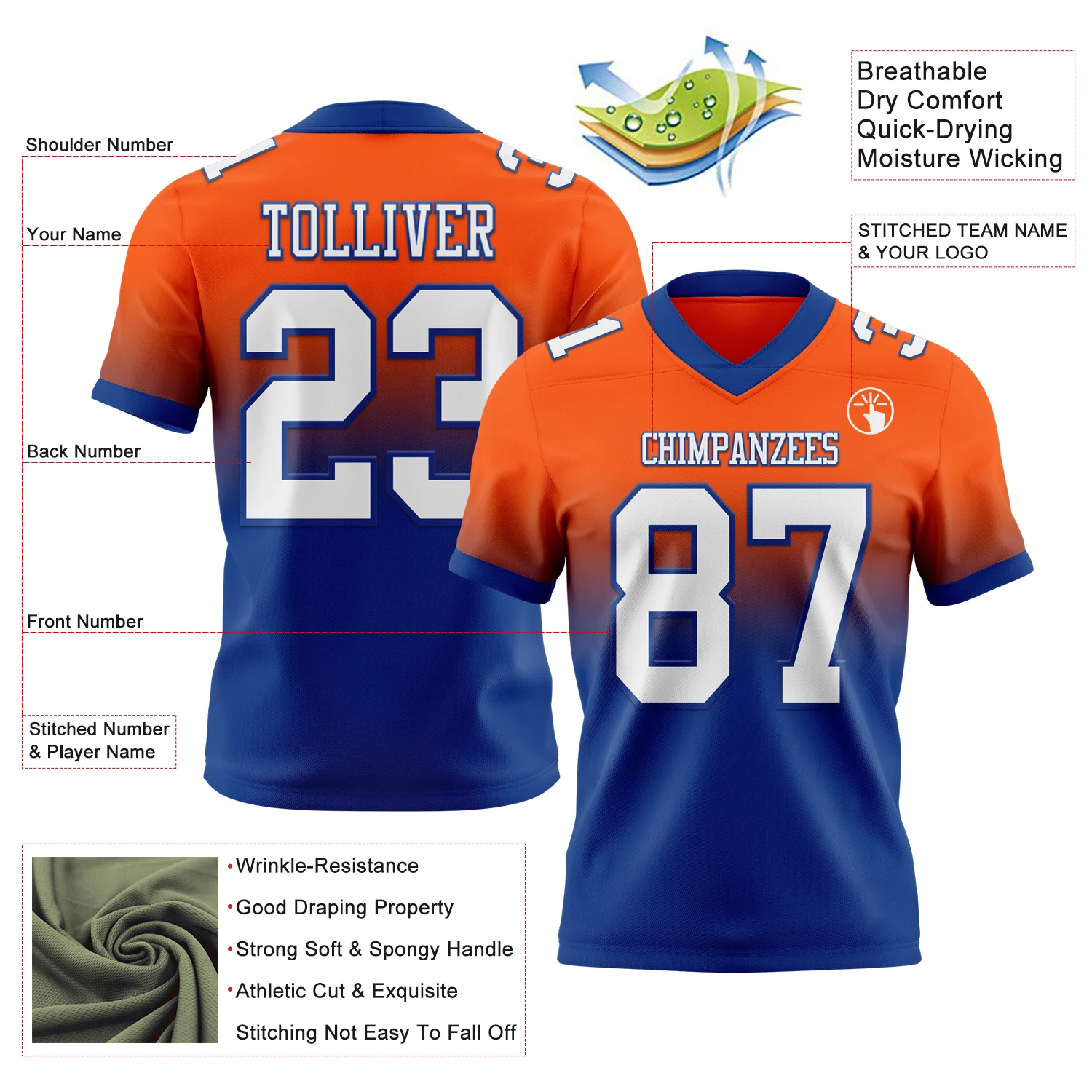 Custom Orange White-Royal Authentic Fade Fashion Football Jersey