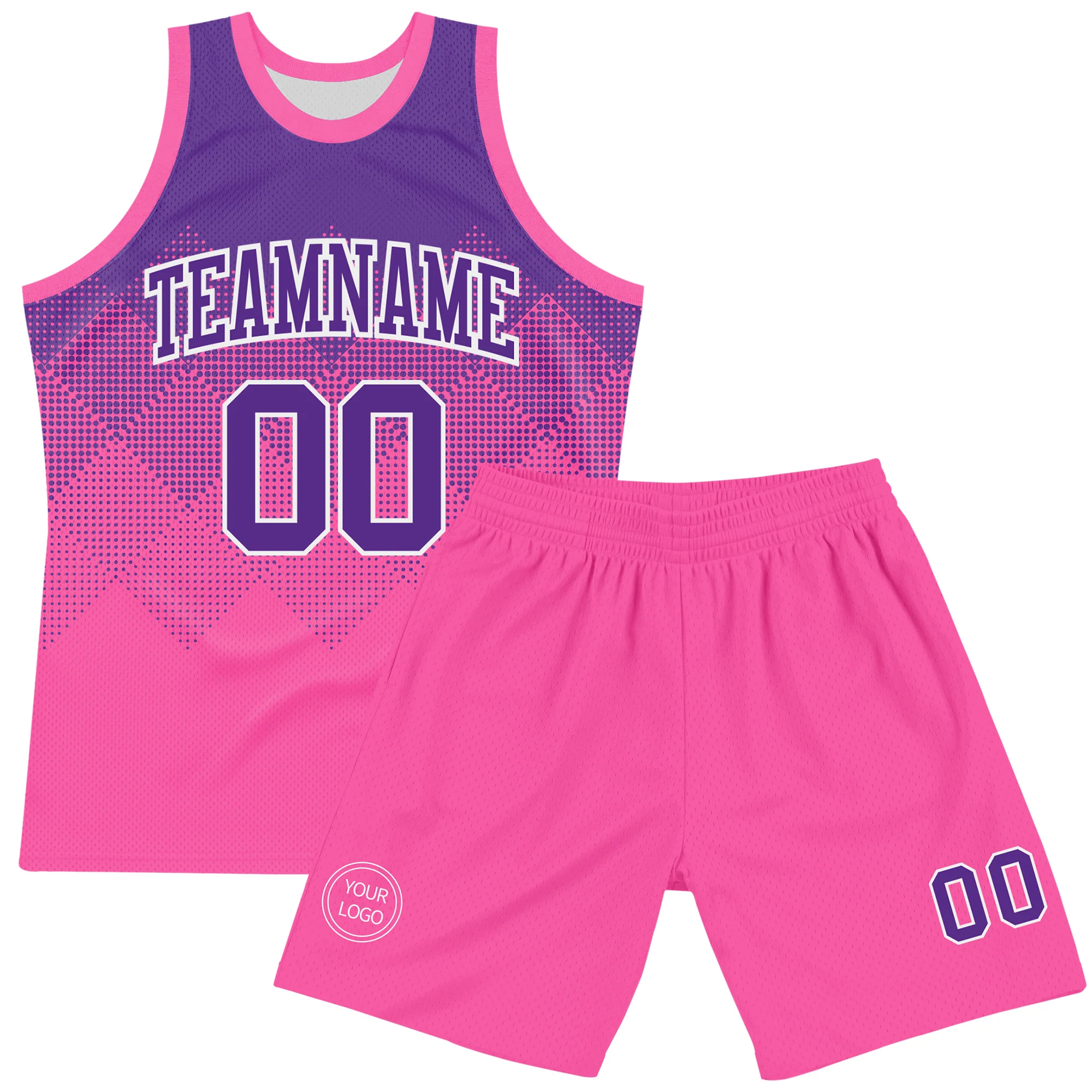 Custom Purple Pink-White Gradient Square Shapes Round Neck Sublimation Basketball Suit Jersey
