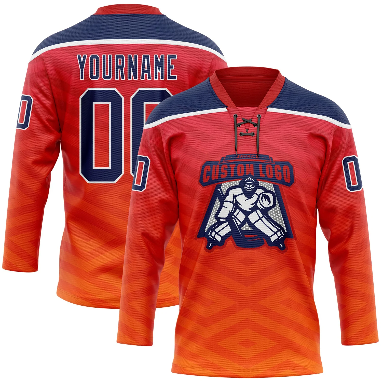 Custom Red Navy Yellow-White 3D Pattern Abstract Gradient Halftone Hockey Lace Neck Jersey