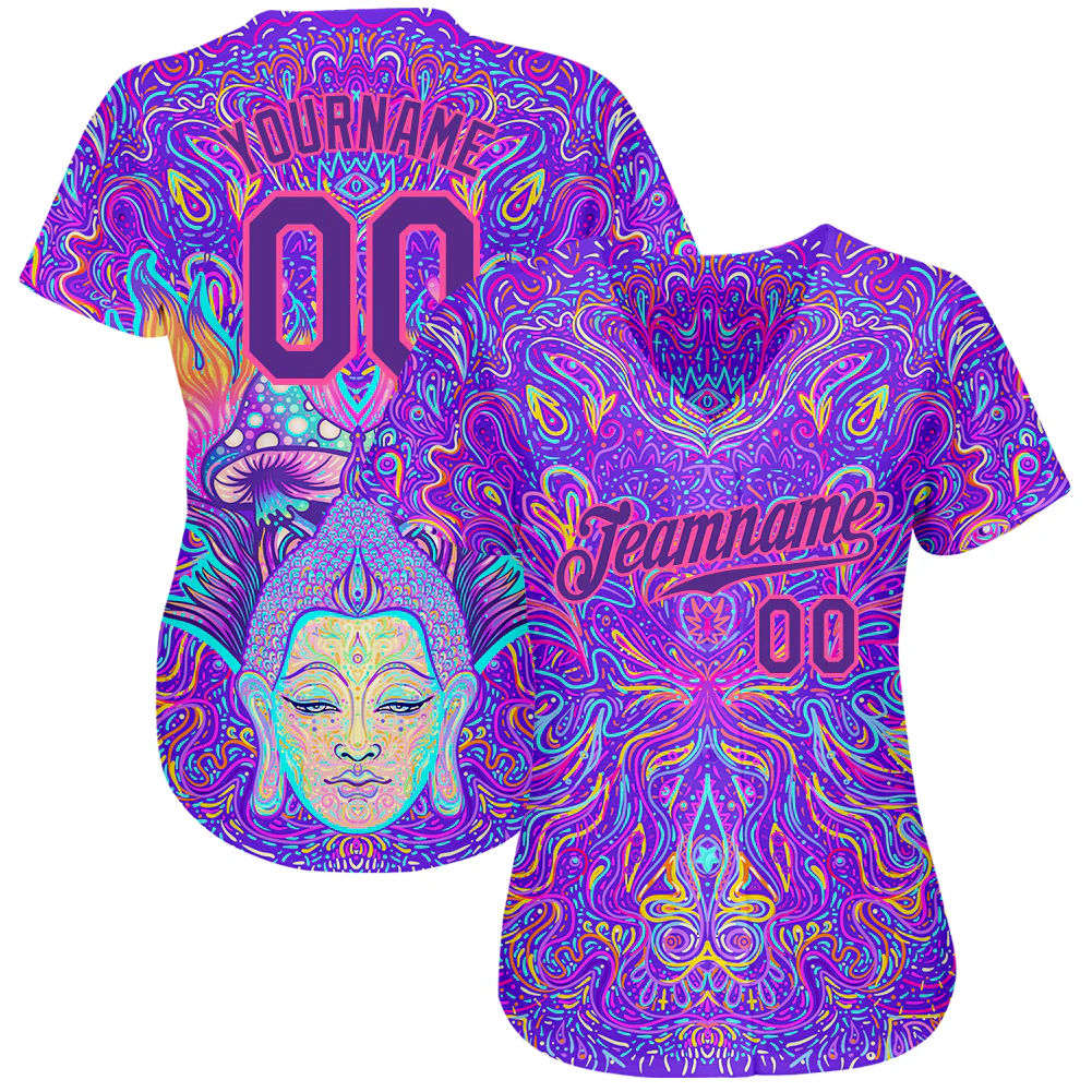 Custom 3D Pattern Design Sitting Buddha Over Colorful Neon Background Psychedelic Mushroom Composition Authentic Baseball Jersey