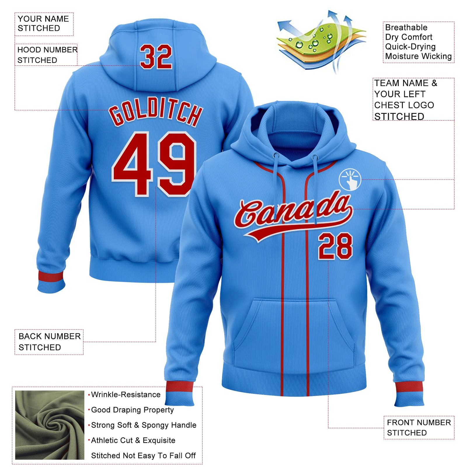 Custom Stitched Powder Blue Red-White Baseball Pullover Sweatshirt Hoodie