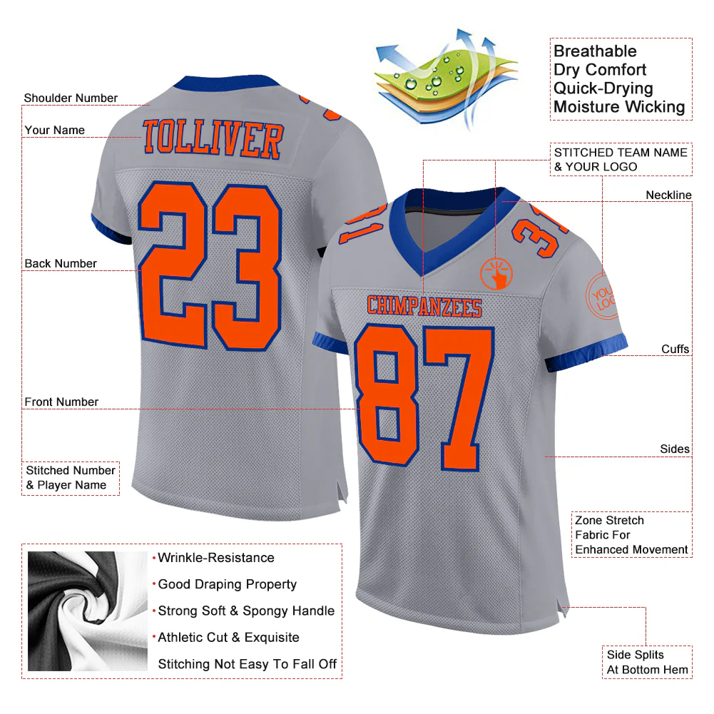 Custom Gray Orange-Navy Mesh Authentic Football Jersey