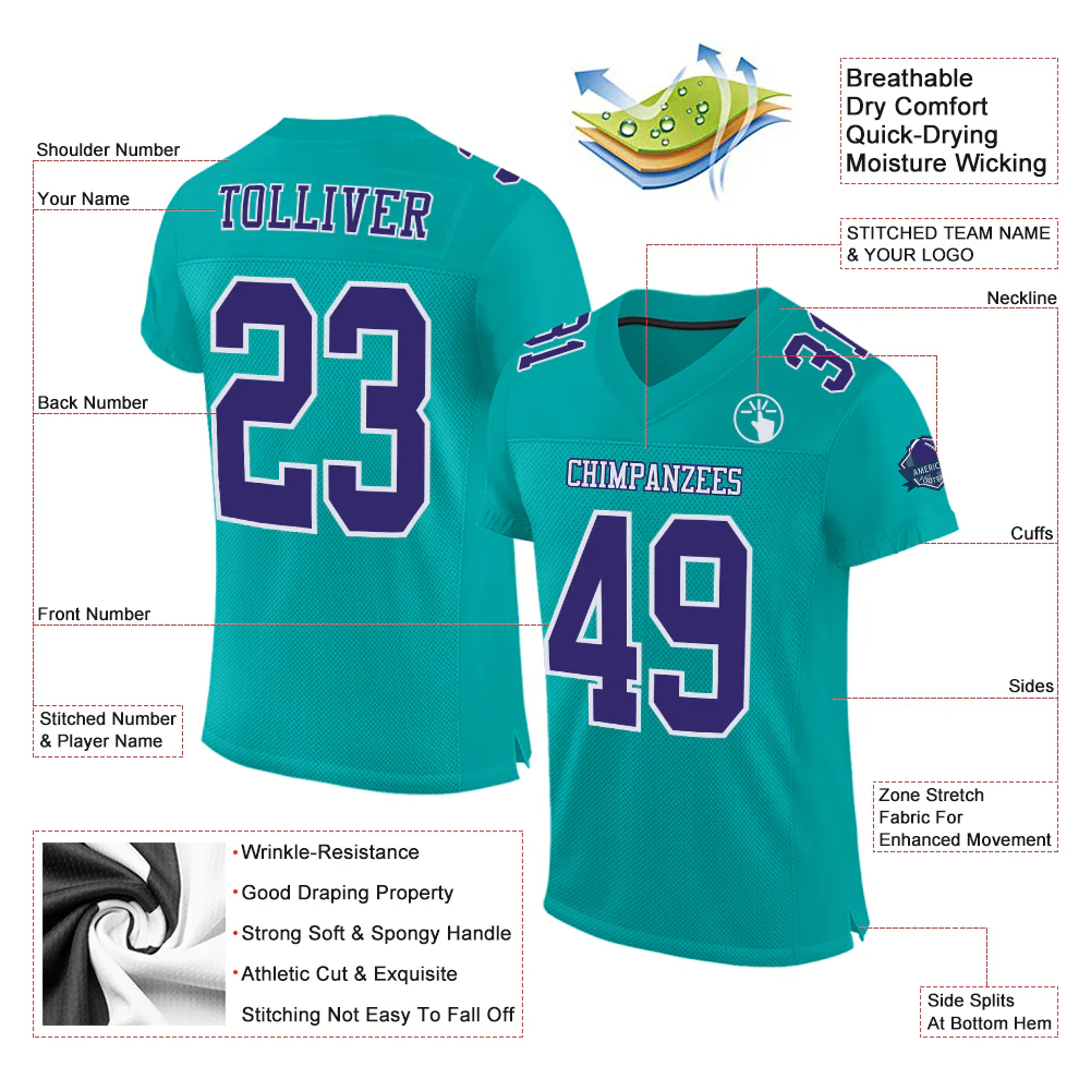 Custom Aqua Purple-White Mesh Authentic Football Jersey