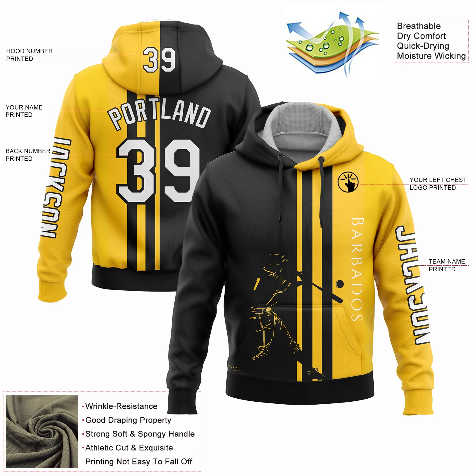 Custom Gold White-Black 3D Barbados Barbadian Flag Sports Pullover Sweatshirt Hoodie