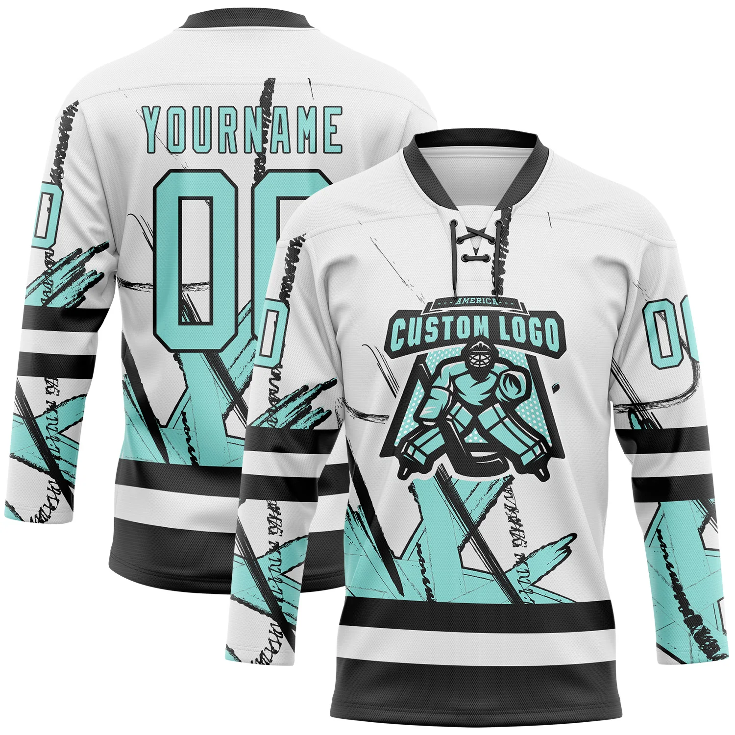 Custom White Ice Blue-Black 3D Pattern Abstract Splatter Paint Hockey Lace Neck Jersey