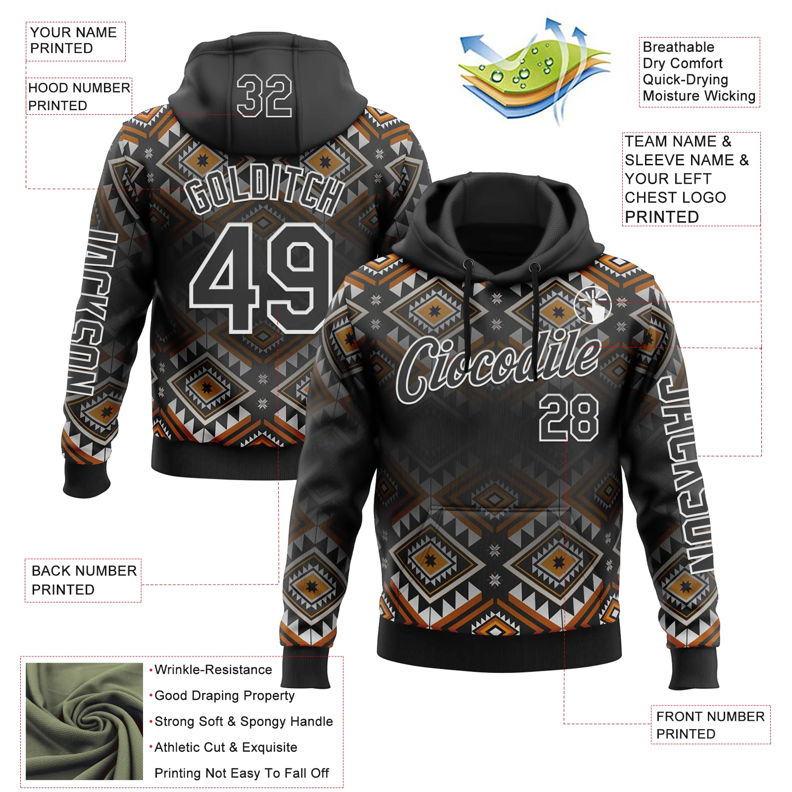 Custom Black White 3D Pattern Design Western Cowboy Tribal Ethnic Sports Pullover Sweatshirt Hoodie