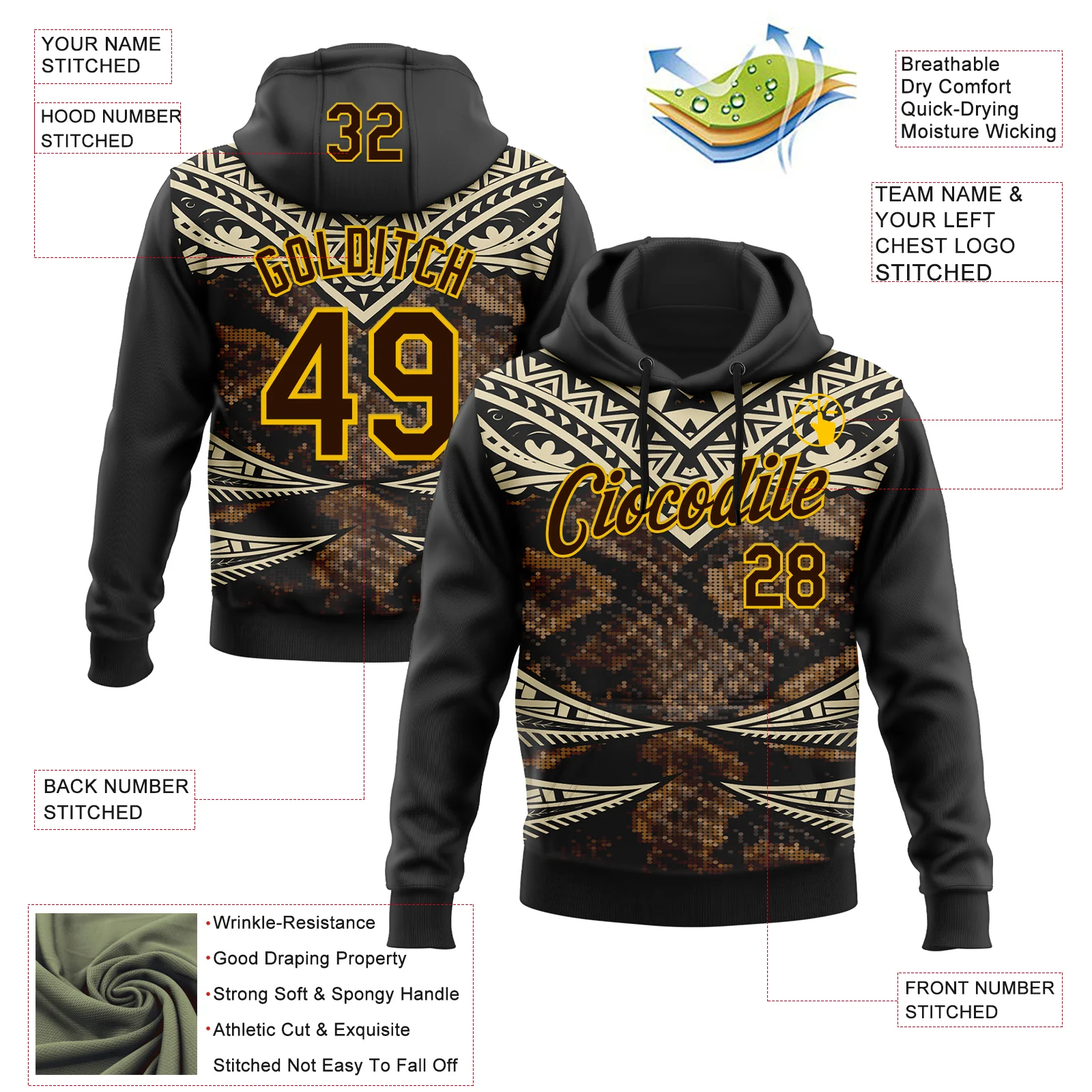 Custom Stitched Black Brown Cream-Yellow 3D Pattern Design Snake Skin Print Sportswear Pullover Sweatshirt Hoodie