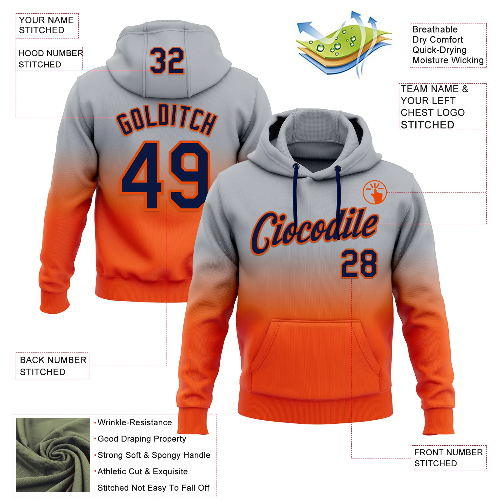Custom Stitched Gray Navy-Orange Fade Fashion Sports Pullover Sweatshirt Hoodie