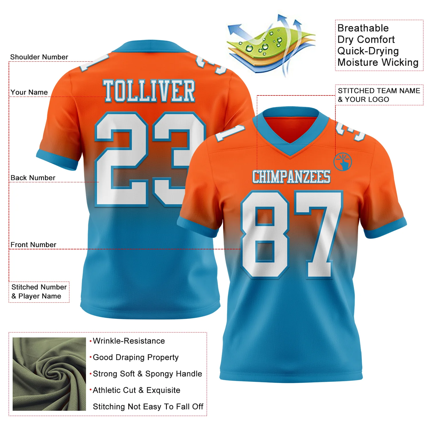 Custom Orange White-Panther Blue Authentic Fade Fashion Football Jersey