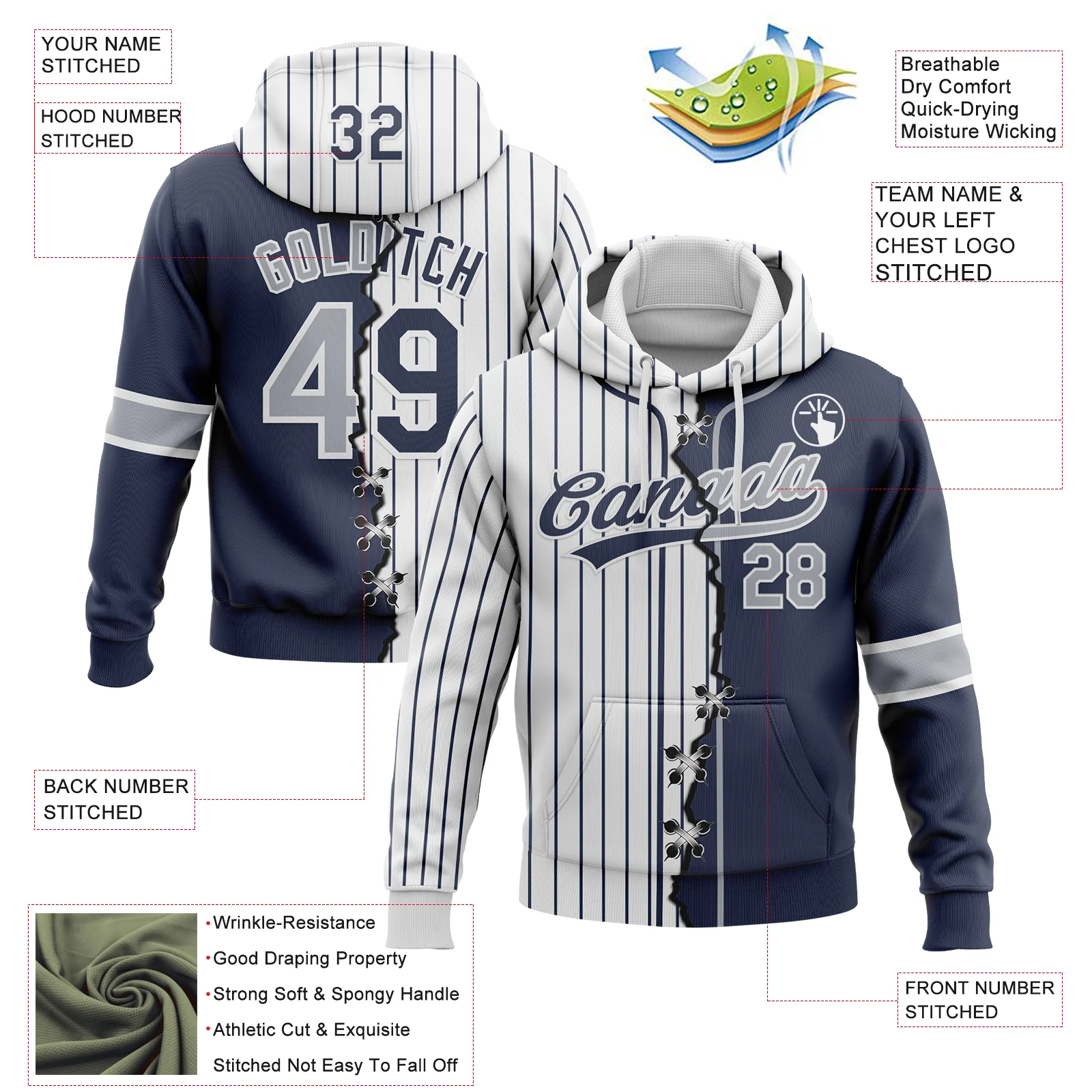 Custom Navy Gray-White Pinstripe Split Ripped Pattern Baseball Pullover Sweatshirt Hoodie