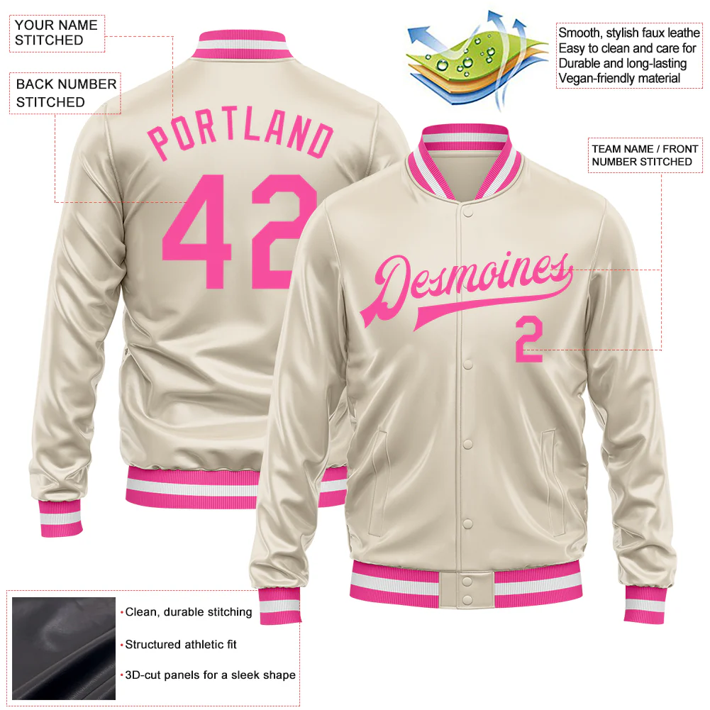 Custom Cream Pink Bomber Full-Snap Varsity Faux Leather Letterman Jacket
