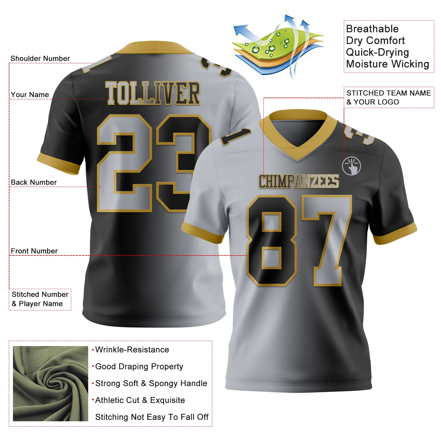 Custom Black Gray-Old Gold Authentic Gradient Fashion Football Jersey