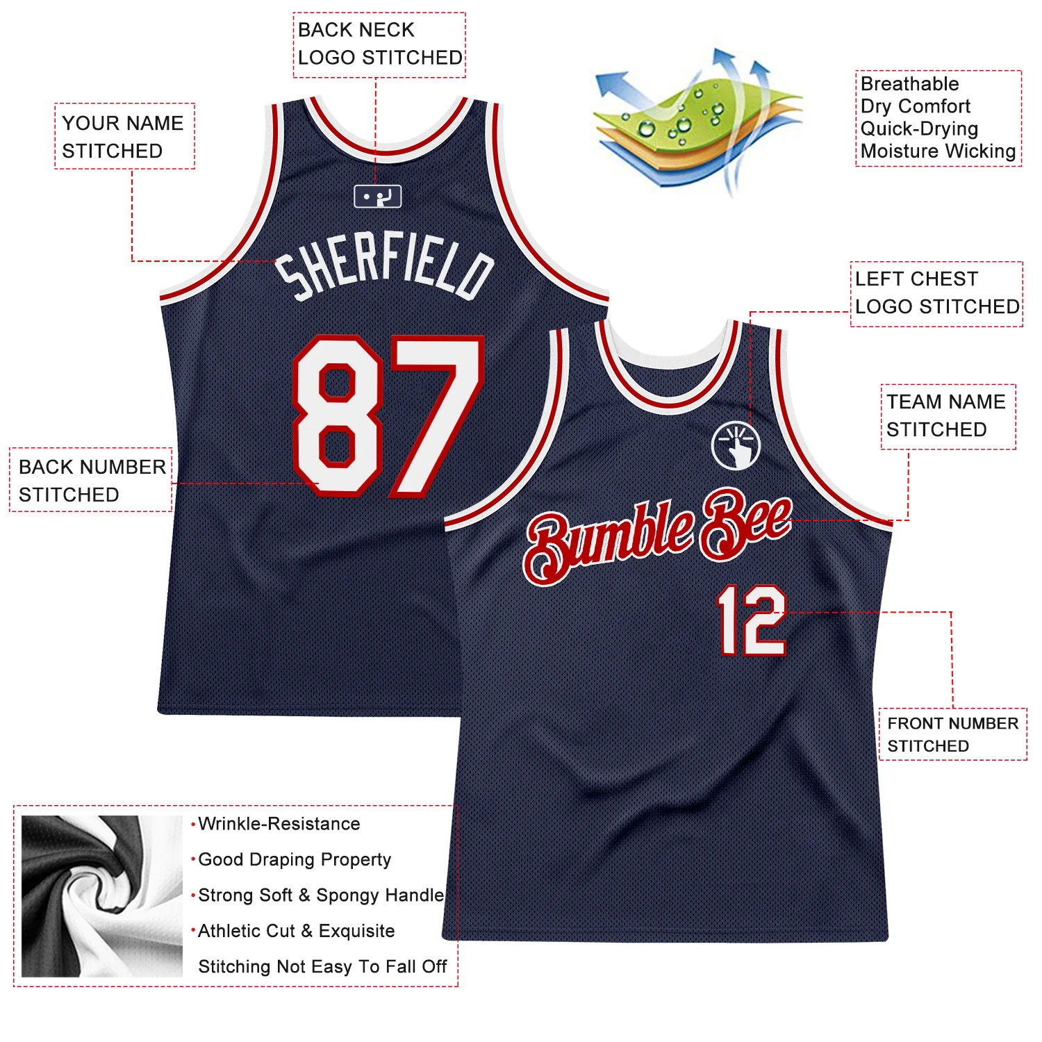 Custom Navy White-Red Authentic Throwback Basketball Jersey