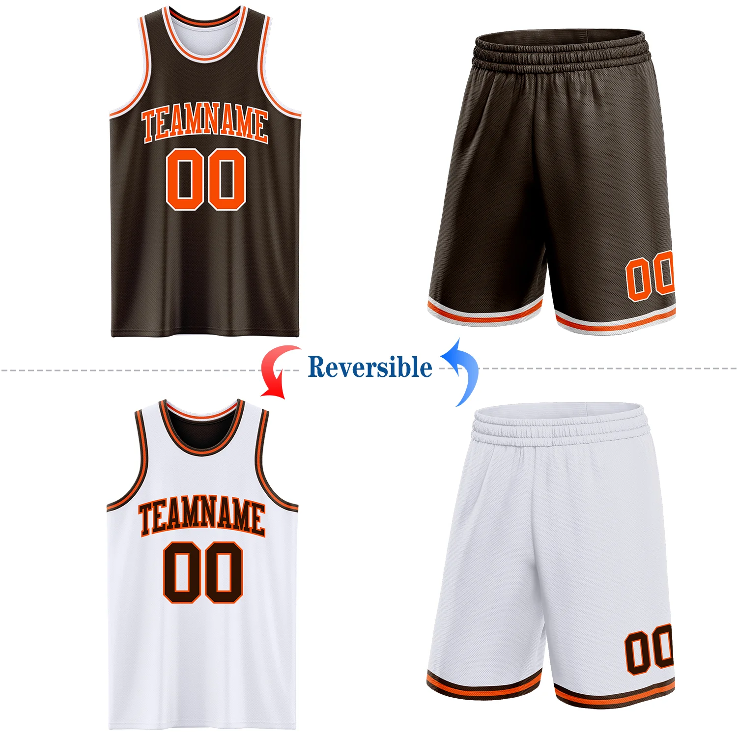 Custom Brown Orange-White Reversible Double Side Sublimation Basketball Suit Jersey