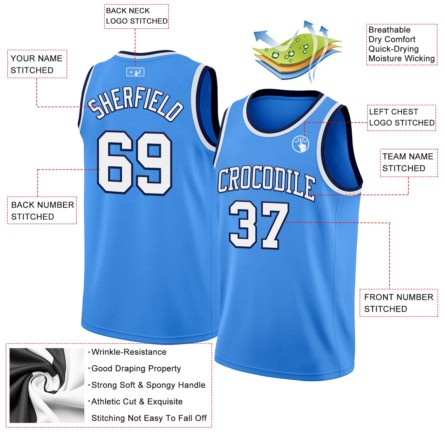Custom Powder Blue White-Navy Authentic Basketball Jersey