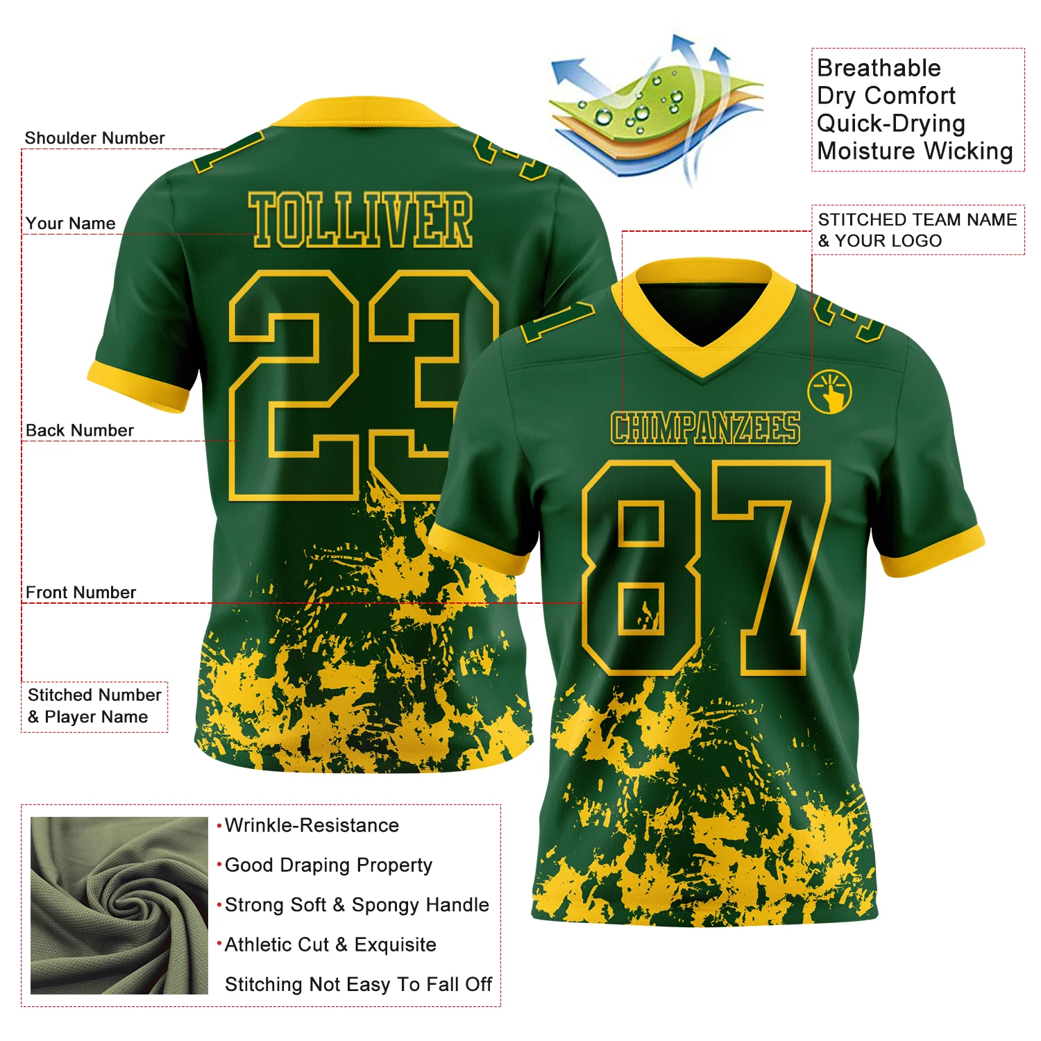 Custom Green Yellow 3D Pattern Splash Authentic Football Jersey