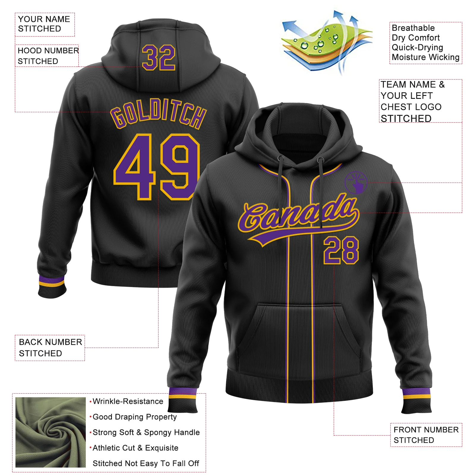 Custom Stitched Black Purple-Gold Baseball Pullover Sweatshirt Hoodie