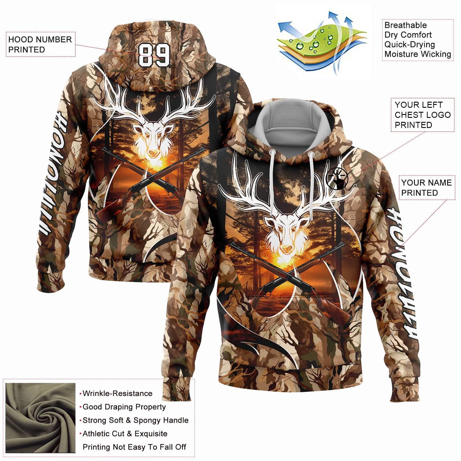 Custom Camo White-Black 3D Gun Deer Hunting Sports Pullover Sweatshirt Hoodie