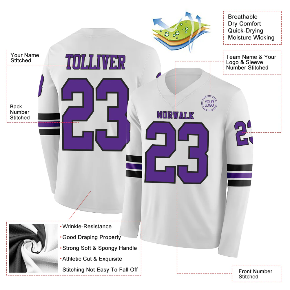 Custom White Purple-Black Long Sleeve Authentic Football Jersey