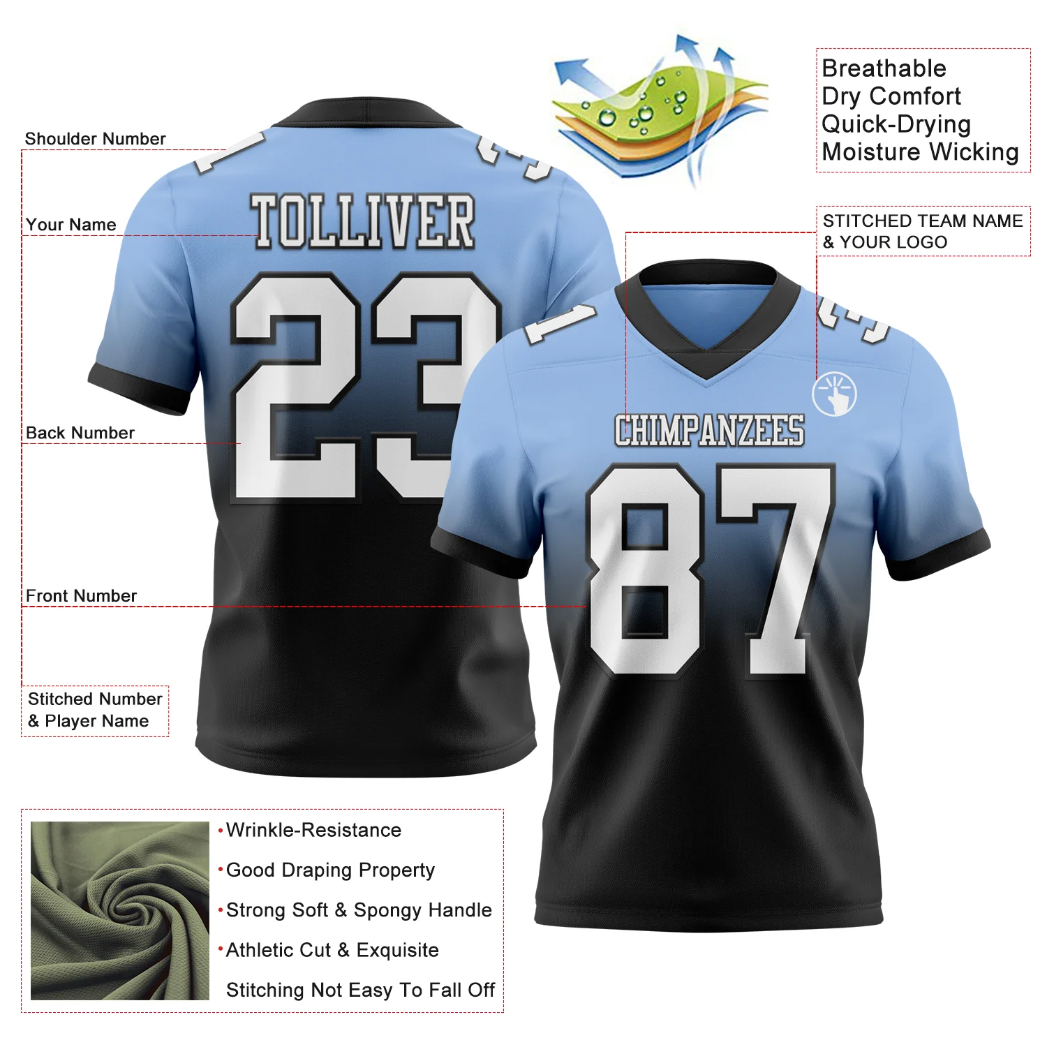 Custom Light Blue White-Black Authentic Fade Fashion Football Jersey