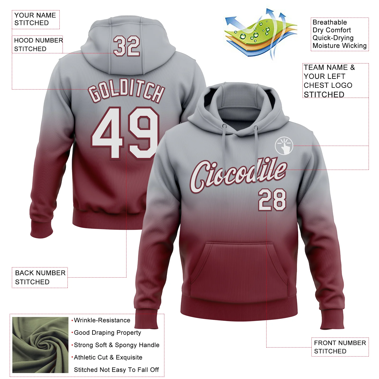 Custom Stitched Gray White-Burgundy Fade Fashion Sports Pullover Sweatshirt Hoodie