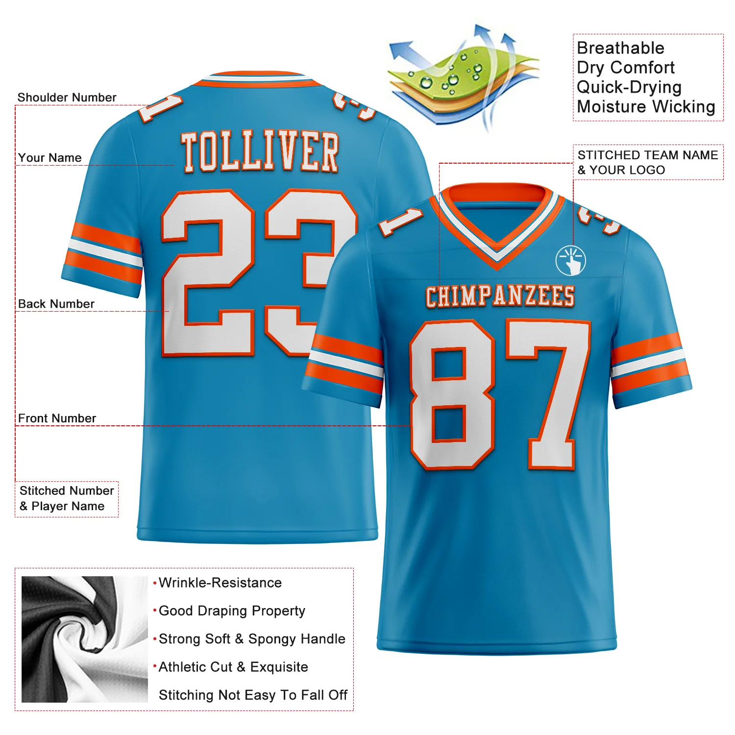 Custom Panther Blue White-Orange Authentic Football Jersey