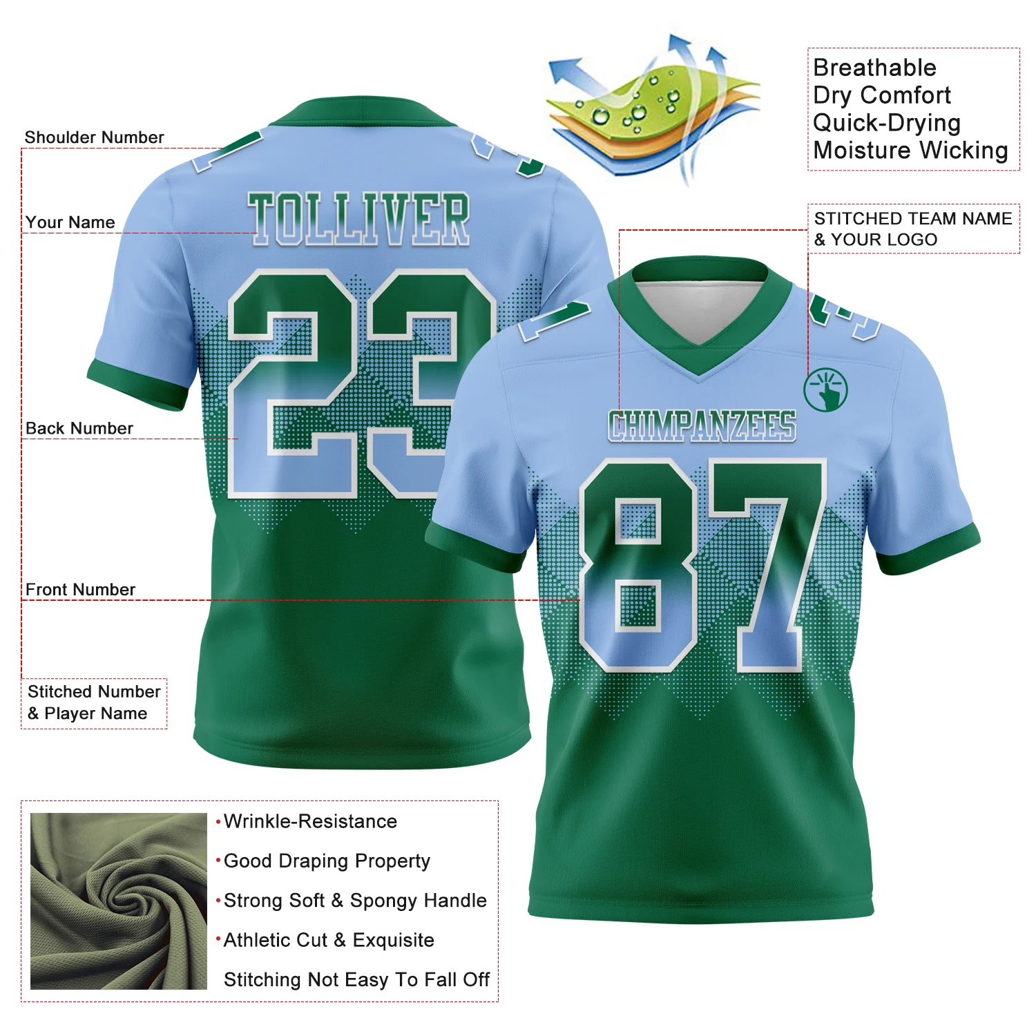 Custom Light Blue Kelly Green-White Authentic Gradient Square Shape Flag Football Jersey
