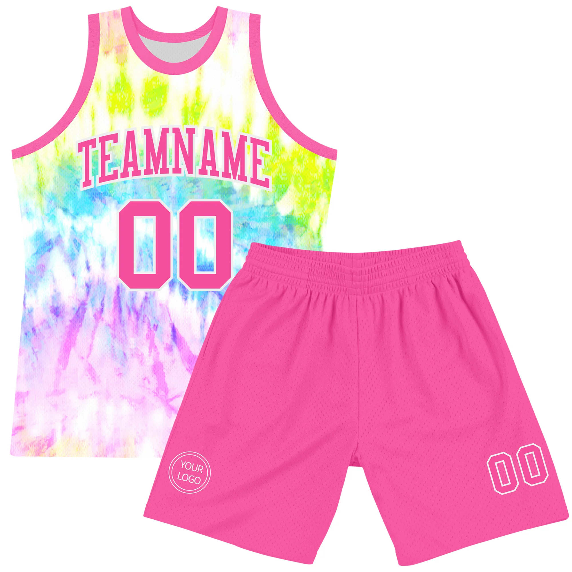 Custom Tie Dye Pink-White Round Neck Sublimation Basketball Suit Jersey