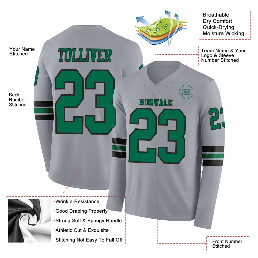 Custom Gray Kelly Green-Black Long Sleeve Authentic Football Jersey